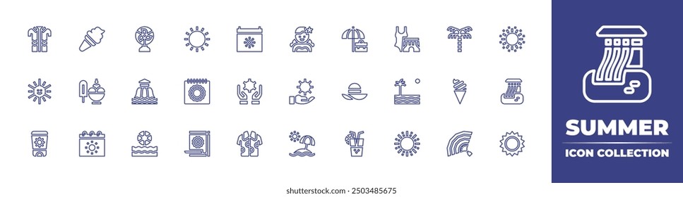 Summer line icon collection. Editable stroke. Vector illustration. Containing summer, suncream, icecream, aquapark, sun, icecreamshop, shirt, optimism, dry, beachball, fan.