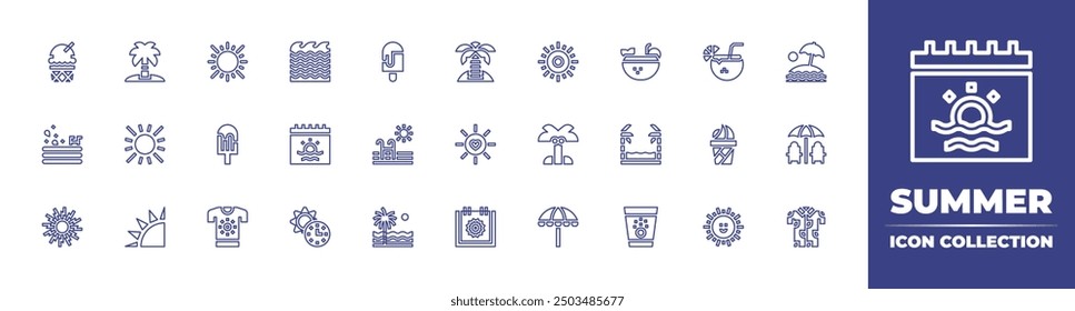 Summer line icon collection. Editable stroke. Vector illustration. Containing sun, summer, swimmingpool, palmtree, seawaves, icepop, icecream, inflatablepool, island.