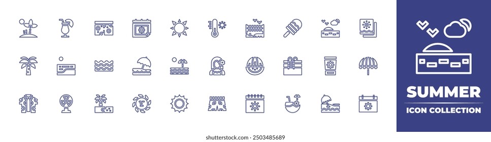 Summer line icon collection. Editable stroke. Vector illustration. Containing summer, beach, sea, sunny, swimmingtrunks, palmtree, hightemperature, sunbed, hawaiian.