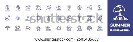 Summer line icon collection. Editable stroke. Vector illustration. Containing vacation, summer, beach, cocktail, sunny, sun, float, lounger, palmtree.