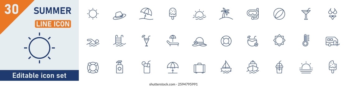 Summer line icon set. Set of 30 outline icons related to summer, holidays, tourism, beach, summer holidays, vacation and others. Editable stroke. Vector illustration.