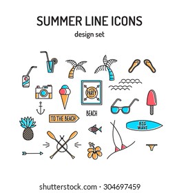 Summer line icon set. Beach and sea resort vacation design elements. Vector Illustration.