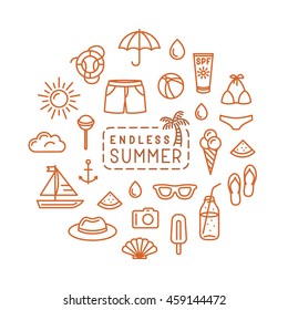 Summer line icon set / collection. Endless summer composition. Thin line sign vector illustration.