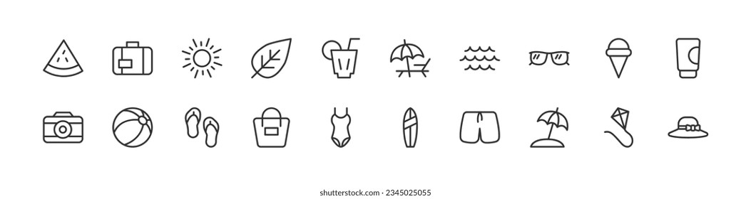 Sommerzeilensymbol mit bearbeitbarem Strich eingestellt. Rahmensammlung von Vektorobjekten. Premium-Icon-Paket