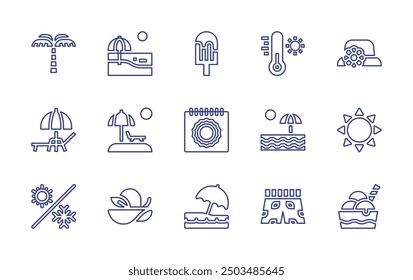 Sommerzeilensymbolsatz. Bearbeitbarer Strich. Vektorgrafik. Enthaltend Sonne, Sonnenschirm, Sommer, Strand, Eiscreme, Hochtemperatur, Palme, Sonnenbett, Pamelahat.