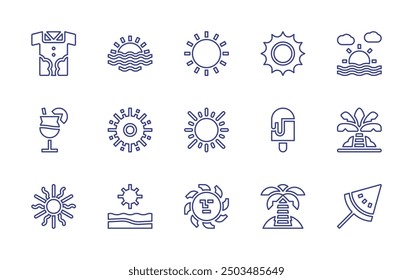 Summer line icon set. Editable stroke. Vector illustration. Containing sun, sunset, watermelon, shirt, palmtree, icepop, cocktail, island.