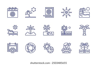Summer line icon set. Editable stroke. Vector illustration. Containing summer, daytime, palmtree, beach, float, lounger, dry, sun, hawaiian.