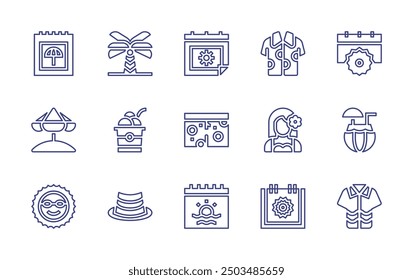 Summer line icon set. Editable stroke. Vector illustration. Containing shirt, summer, summers, coconutdrink, hawaiianshirt, swimmingtrunks, hat, palmtree, icecream, hawaiian.