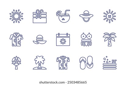 Summer line icon set. Editable stroke. Vector illustration. Containing flipflops, coconutdrink, sunhat, summer, shirt, palmtree, sun, hawaiianshirt, pool, pamelahat, skirt, fan.