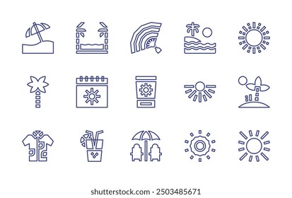 Summer line icon set. Editable stroke. Vector illustration. Containing beachumbrella, palmtree, vacations, sun, fan, cocktail, beach, ocean, shirt, sunlotion, calendar.