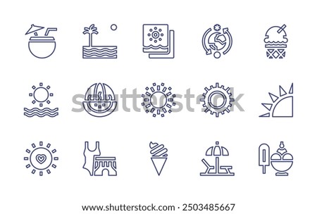 Summer line icon set. Editable stroke. Vector illustration. Containing coconutdrink, swimmingsuit, picture, sunumbrella, extremeweather, sun, watermelon, beach, icecream.