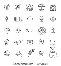 Summer line icon set. Hand drawn design element. Black and white beach vector collection. 