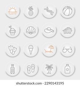 Summer line icon set, travel symbols collection, vector sketches, neumorphic UI UX buttons, beach icons, tourism signs linear pictograms
