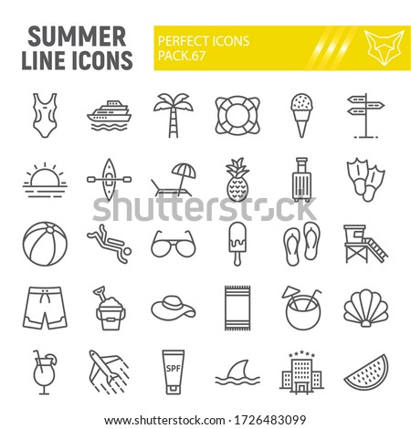 Summer line icon set, travel symbols collection, vector sketches, logo illustrations, beach icons, tourism signs linear pictograms package isolated on white background