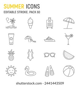 Conjunto de iconos de línea de verano, colección de vacaciones, gráficos vectoriales, ilustraciones de logotipos, iconos vectoriales de turismo de verano, signos de viaje, pictogramas de contorno, trazo editable