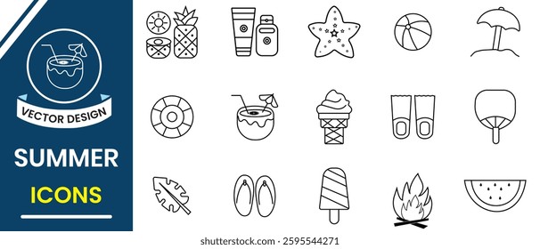 Summer line icon, vector set collection. Beach icon, Travel, holiday, tourism vector icon set. Summer Vacation element, beach line icon vector set design. Vector illustration.
