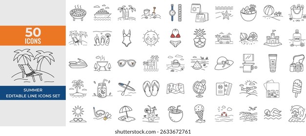Conjunto de ícones da linha de verão - Praia, Surfe, Sol, Sorvete, Viagem, Férias, Traje de banho, Coco, Coquetel, Mar, Suntan e Sunblock - Ilustração vetorial editável