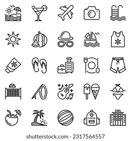 Symbole für die Sommerlinie gesetzt. Reisen, Grafik, Pool, Brille, Schwimmen, Kamera, Ball, Piktogramm, Sand, Flugzeug, Gepäck, Tour, Rucksack, Segelboot, Sonnenbrille