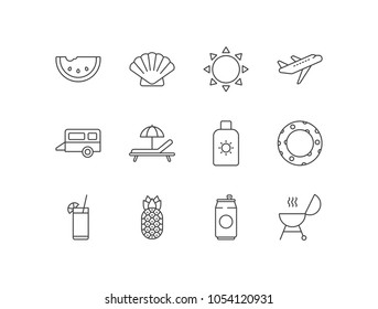 Summer line icons set with watermelon, seashell, sun, airplane, caravan, chaise-longue, sunscreen, safety tube, drink, pineapple, beer can, bbq.