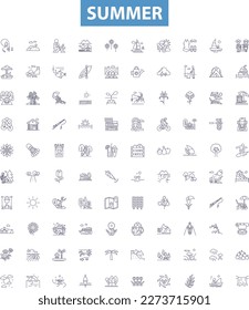 Summer line icons, signs set. Sun, Heat, Vacation, Pool, Beach, BBQ, Insects, Citrus, Ice Cream outline vector illustrations.