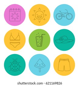 Summer linear icons set. Calendar, sun, bike, swimsuit and beach hat, lemonade, ladybug, watermelon on stick, swimming trunks. Thin line contour symbols on color circles. Vector illustrations