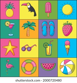 Lineare Symbole im Sommer setzen farbenfroh. Vektorgrafik