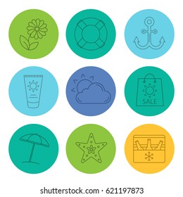 Summer linear icons set. Flower, sun, cloud, lifebuoy, sunbathing cream, beach umbrella, anchor, seastar, summer sale, fridge with beer. Thin line contour symbols on color circles. Vector illustration