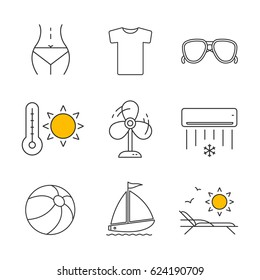 Summer linear icons set. Woman's body, t-shirt, sunglasses, summer heat, fan, air conditioner, beach ball, sunbed, sailboat. Thin line contour symbols. Isolated vector illustrations