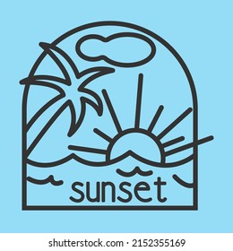 Sommerlineares Logo mit Palmen, Sonne, Meer und Inschrift auf blauem Hintergrund. Sonnenset auf dem Etikett. Design einer Vektorgrafik eines Labels, eines Ausdrucks für Kleidung.