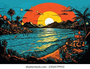 Summer linocut illustration. Tropical beach  with palms, sky sunrise and sunset. Summer party  poster flyer invitation card. Vector illustration.
