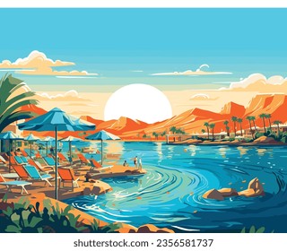 Summer linocut illustration. Tropical beach  with palms, sky sunrise and sunset. Summer party  poster flyer invitation card. Vector illustration.