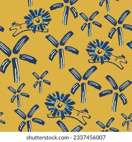 Patrón veraniego de leones tropicales sin costuras. Huella africana de palmera dibujada a mano. Diseño de fondo de vacaciones en la playa, impresión textil de sabana. Papel de pared exótico para animales, ropa de bebé jungla safari motivo de repetición