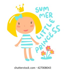 Summer Little Princess Girl in Crown and Inscription - Vector Illustration