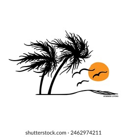 Summer living palm trees and sunset, Graphic design print t-shirts fashion, illustration, vector, posters, cards, stickers, mug