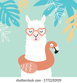 Summer Llama on the beach. Funny llama character with flamingo swimming circle in the pool