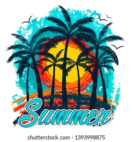 Summer logo or background with palm trees and gulls in blue, orange and yellow colors. With de summer text written in manuscript font. Ready to use in decorations, social media, banners and poster.