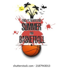 Summer logo. Summer and basketball. Pattern for design poster, logo, emblem, banner. Template on isolated background. Vector illustration