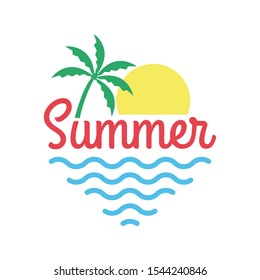 Summer logo with beach, palm tree, sun and sea or ocean. Tropical T-shirt typography design. Apparel graphic. Vector illustration.
