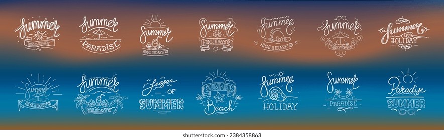 Summer logo. Beach party label. Sun umbrella. Retro vacation elements with sunshine and seashore waves. Sea travel emblem. Summertime paradise relaxation. Lettering sketch. Vector design stamps set