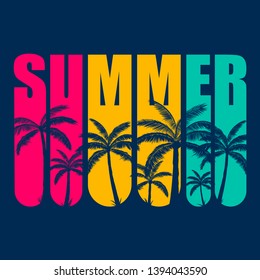 Summer logo with blue palms trees in pink, yellow, green letters, with blue background. Ready to use in social media, decorations, posters, flyers and banners. 