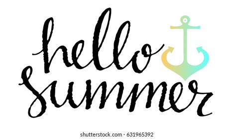 Summer logo, card. Anchor hand drawn isolated on white background. Handwritten font, lettering