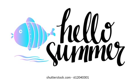 Summer logo, card. Fish, waves hand drawn isolated on white background. Handwritten font, lettering