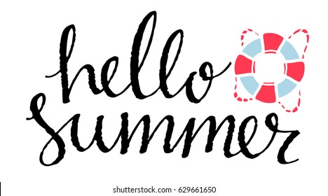 Summer logo, card. Lifebuoy hand drawn isolated on white background. Handwritten font, lettering
