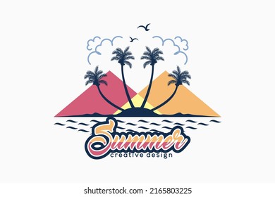 Summer logo with coconut tree silhouette concept in ocean and mountain illustration