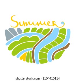 Summer logo. Colorful Logo. Lettering typography. Abstract logo. Doodles. Earth. Good for badge, print, greeting card, party, birthday, banner, invitation template. Vector.