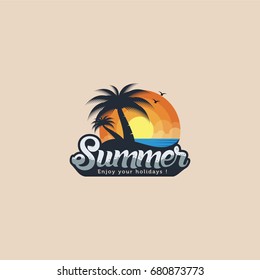 Summer logo design with illustration sunset, White summer sentence - vector Illustration