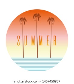 Summer logo design. Round banner with palm tree, sea and lettering. Vector illustration