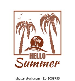 Summer logo design with the sea, the sun, palm trees and lettering Hello Summer. Vector illustration