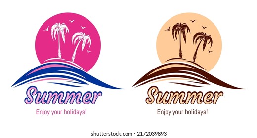 Summer logo design set with palm trees and seagulls. Summer time to travel. Vector illustration