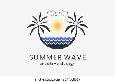 Summer logo design, simple summer vector illustration logo featuring a coconut or palm tree combined with the ocean